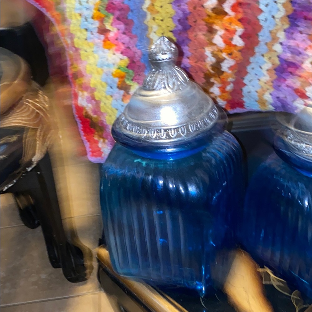BX50 Blue Glass Canisters with Silver Lids set of 2 - Picture 2 of 6